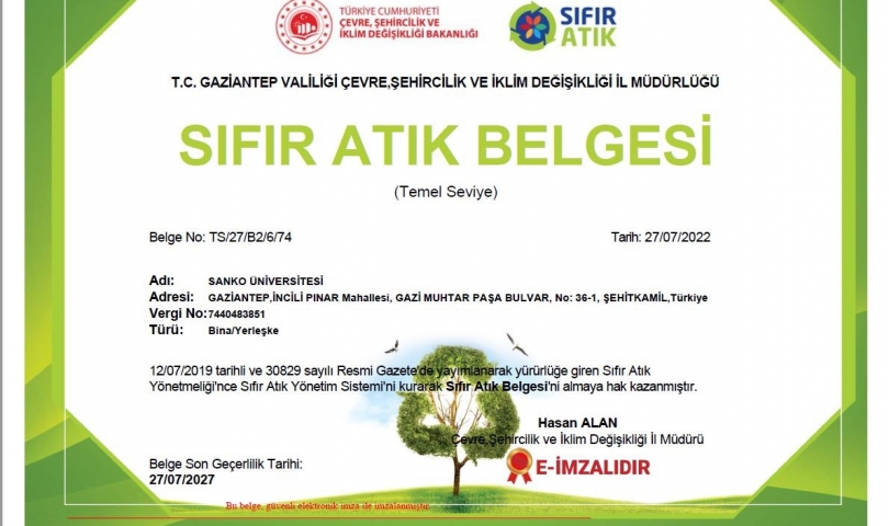 SANKO Üniversitesi "Sıfır Atık Belgesi" aldı