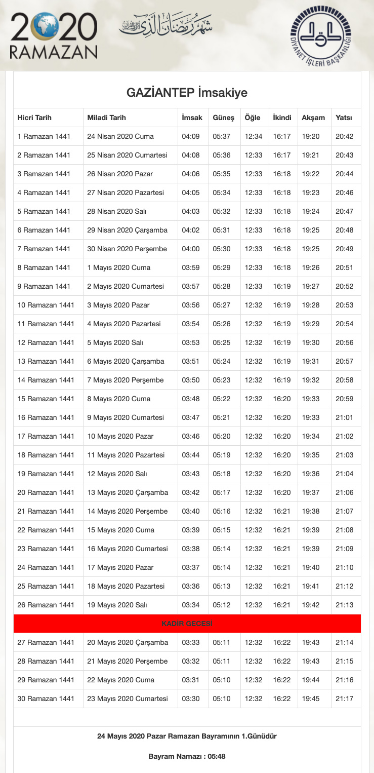 2020 Gaziantep Ramazan İmsakiyesi